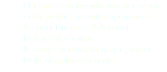 Efficient servicing with two-tier system
Dedicated teams with experienced Account Directors & Account Manager/Executives
Resource pooling for major projects
Multi-discipline strengths